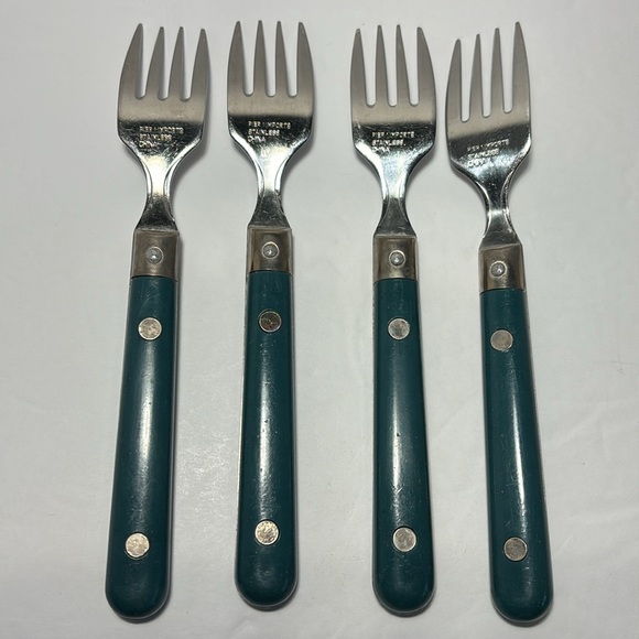 Pier 1 Imports Stainless Flatware Green Teal Rounded Handles SO 12 Forks Knives - Picture 8 of 14